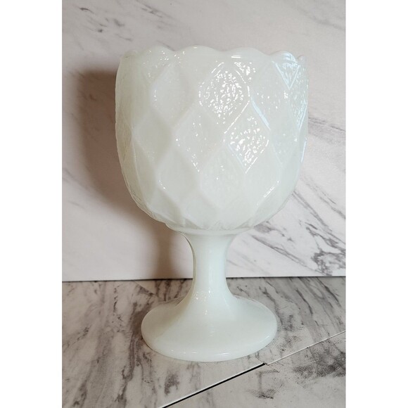 Vintage Milk Glass Goblet Heavy Quilted Diamond Pattern Scalloped Rim Planter - Picture 1 of 5